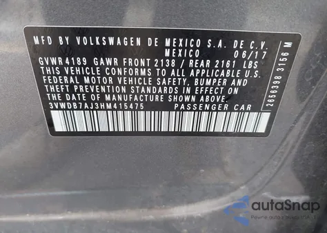 2017 Volkswagen Jetta 1.4T Se z USA, uszkodzony, nr VIN 3VWDB7AJ3HM415475